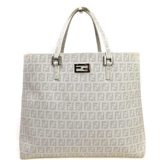 FENDI Zucchino Pattern Hand Tote Bag PVC White Gray Silver Italy - Picture 1 of 16